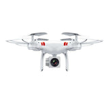 White mini quadcopter drone with 4 propellers and front camera