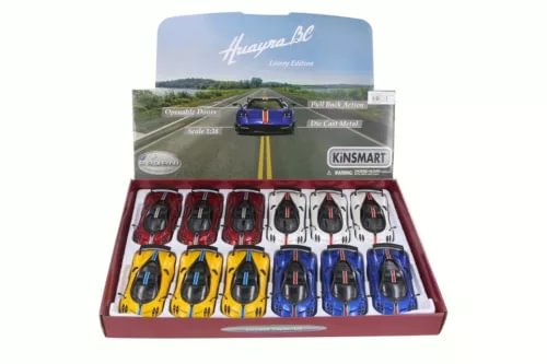 Assorted 1:38 diecast car set of 12 in open retail box, red yellow blue models