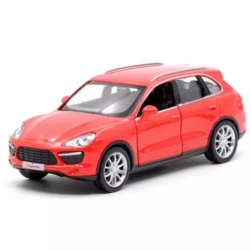 Red diecast metal SUV model car toy with silver wheels and detailed front grille