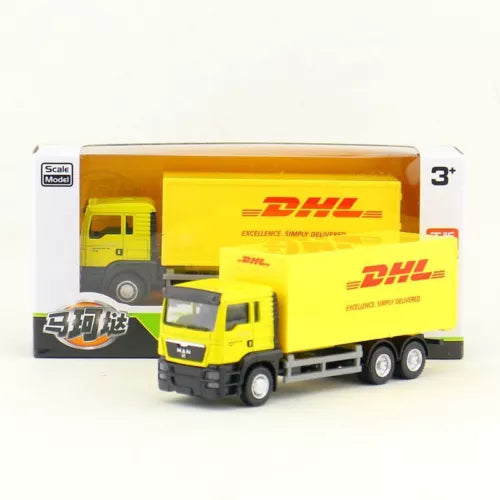 Diecast DHL container truck toy, yellow cab and box with DHL logo, 1:64 scale