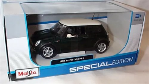 Maisto Mini Cooper diecast model car, dark green body with white roof, in display box