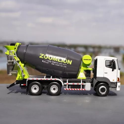 1/38 scale diecast concrete mixer truck with Zoomlion lime accents, black drum and white cab