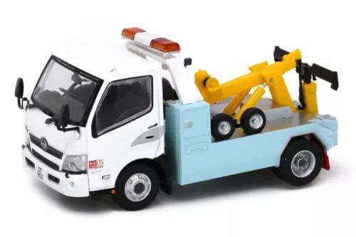 White and light-blue tow truck diecast mini car with yellow crane arm