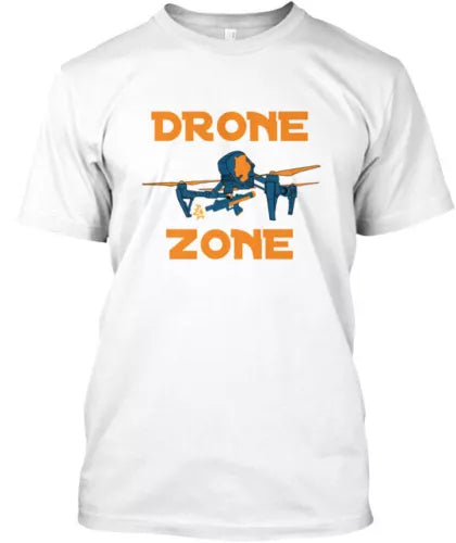 White t-shirt with orange DRONE ZONE text and blue drone graphic on chest