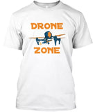 White t-shirt with orange DRONE ZONE text and blue drone graphic on chest