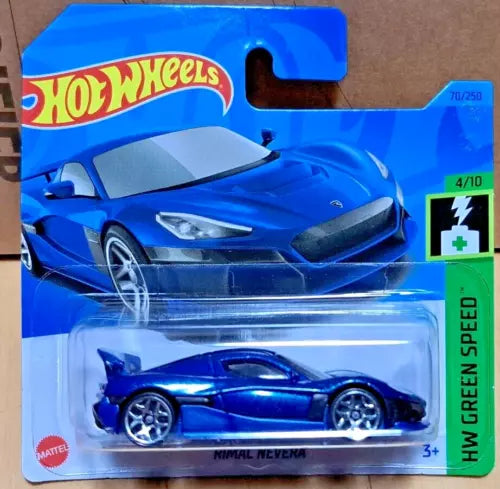 Hot Wheels metallic blue diecast sports car, front and side in blister pack