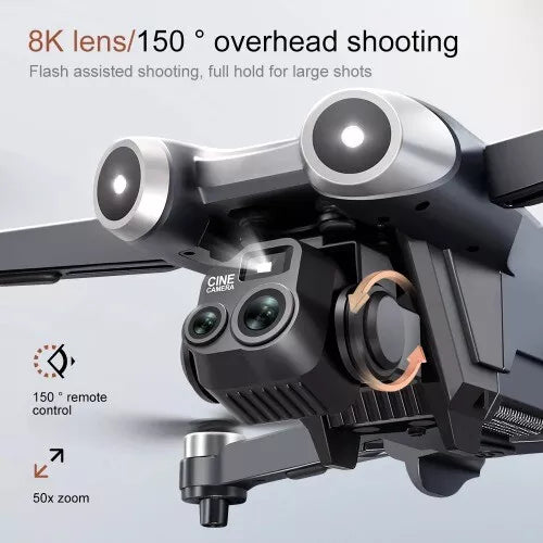 Dual-camera drone with two front lenses and compact gimbal-style camera mount