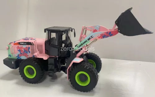 1/35 scale diecast wheel loader toy, pink body with black cab and green wheel rims.