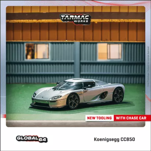 Tarmac Works Koenigsegg CC850 silver diecast model car, front 3/4 view