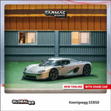 Tarmac Works Koenigsegg CC850 silver diecast model car, front 3/4 view