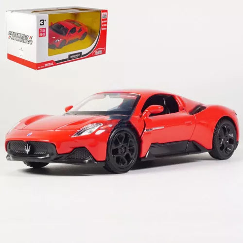 Red diecast model sports car with front 3/4 view, black wheels and grille