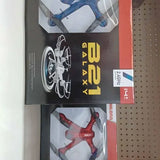 Quadcopter drone retail box, blue and black packaging with illustrated drone