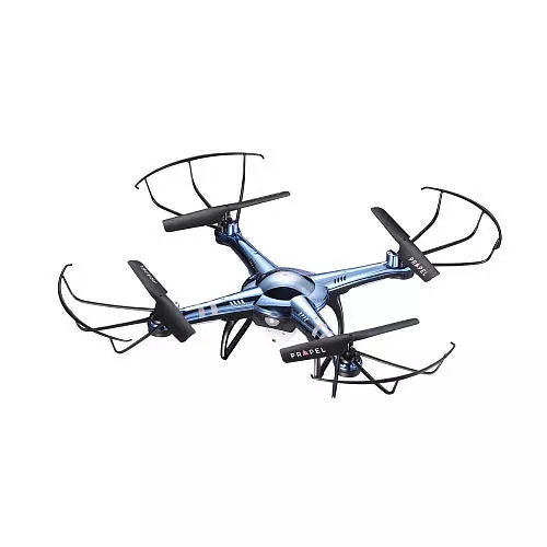 Blue and chrome HD video drone with four propellers and landing legs
