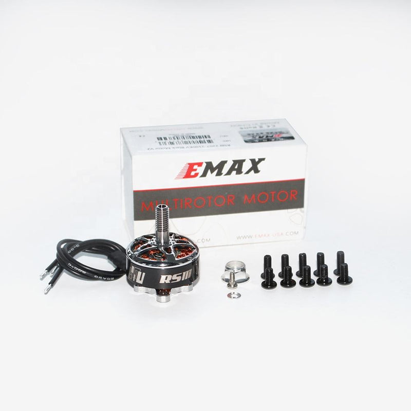 EMAX RSIII brushless motor kit with cables and mounting screws, silver and black