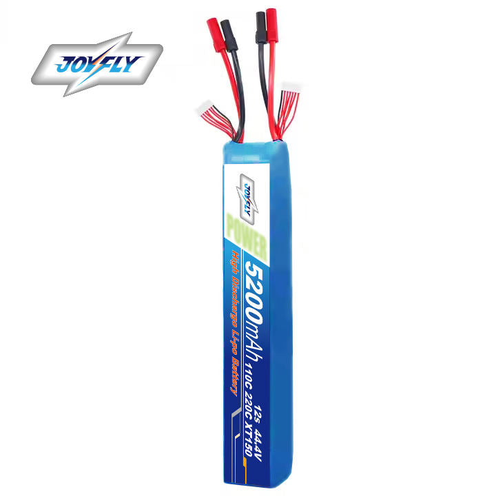 Blue 12S Li-ion polymer drone battery pack with red and black lead wires