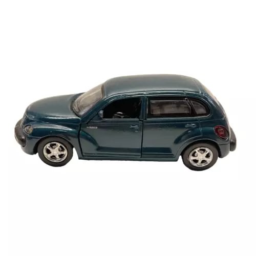 Diecast PT Cruiser model car in dark blue, side profile with silver wheels