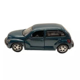 Diecast PT Cruiser model car in dark blue, side profile with silver wheels
