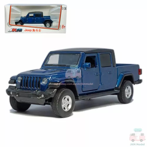 1/36 blue Jeep Wrangler Gladiator diecast model car, front three-quarter view