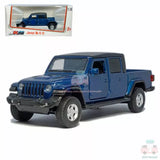 1/36 blue Jeep Wrangler Gladiator diecast model car, front three-quarter view