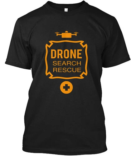Black T-shirt with orange drone Search Rescue emblem graphic on front