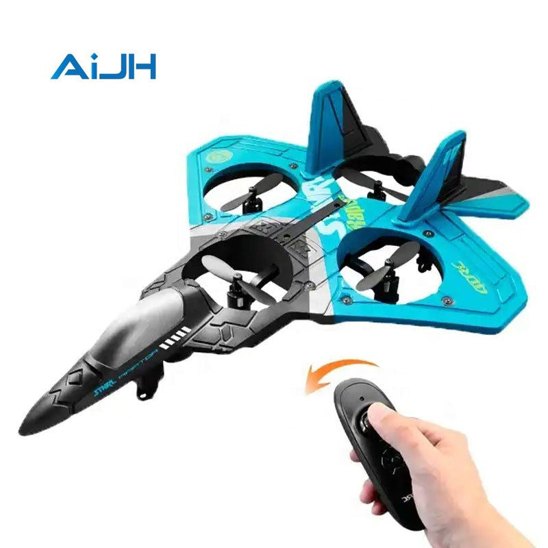 Small blue and black RC jet airplane toy with handheld remote control