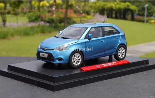 1/20 scale blue diecast car model on black display base, front view