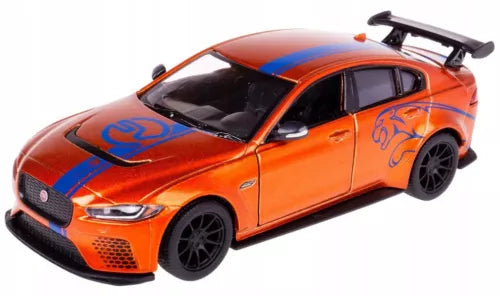 Orange diecast model car with blue racing decals, front 3/4 view