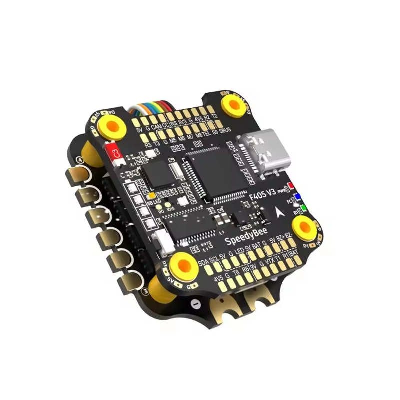 FPV flight controller stack PCB with USB-C port and pin headers