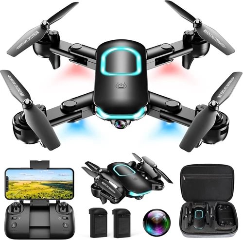 Foldable quadcopter drone with 1080p camera, glowing front panel; includes remote controller and case