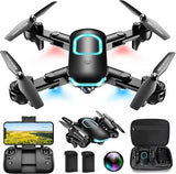 Foldable quadcopter drone with 1080p camera, glowing front panel; includes remote controller and case