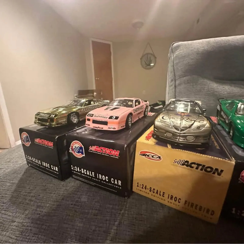 NASCAR IROC 1:24 scale diecast race car set in boxes, with three cars