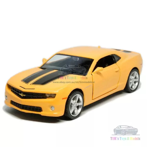 Yellow Chevrolet Camaro diecast model car with black racing stripes, front 3/4 view