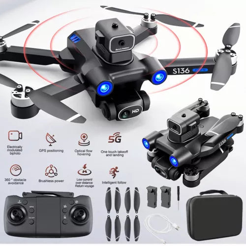Foldable GPS 5G drone with dual camera, propellers, controller, and spare parts