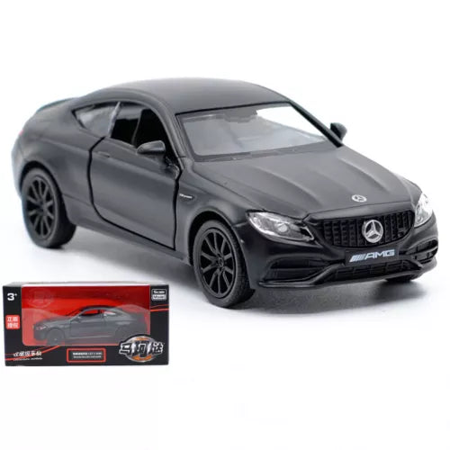 1:36 scale diecast AMG coupe pull-back toy in dark gray with black wheels