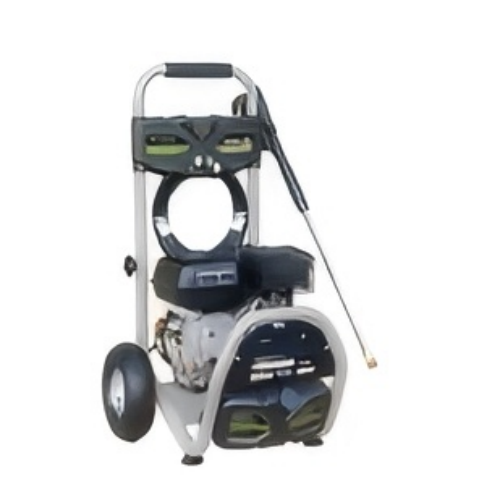 Gas high-pressure washer with wheels, black handle and engine unit, front view