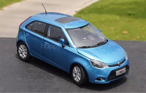 1/20 scale blue diecast car model, front three-quarter view with headlights