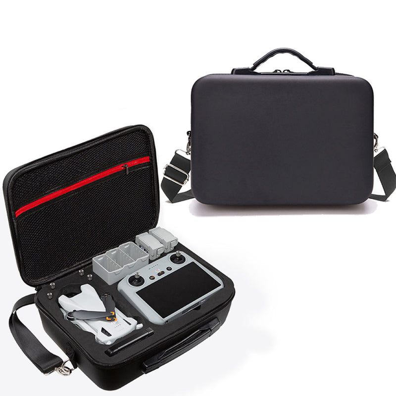 Black hard-shell drone storage carrying case with handle and inner compartments