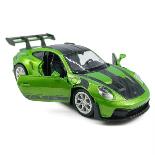 1/36 scale green diecast toy race car with rear wing and front splitter