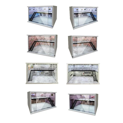 Tabletop diecast display case with clear glass panels and black racing ramp