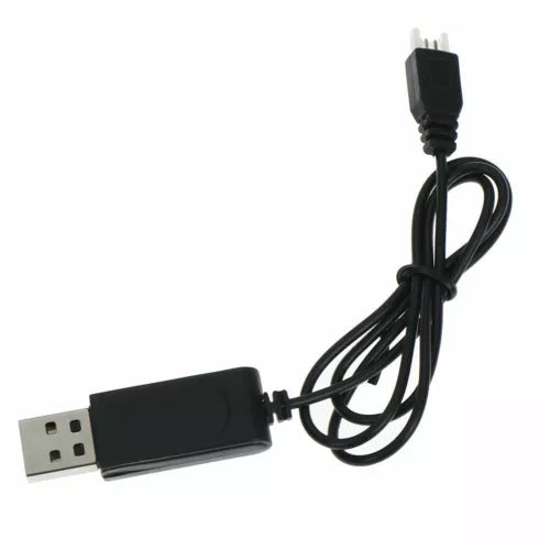 USB charger cord with USB-A plug and two-prong connector, black cable housing