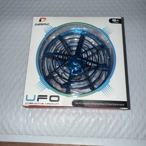 UFO interactive aircraft drone box, blue hand-controlled orb design, ages 6+