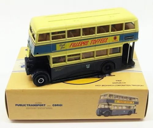 1/50 diecast model bus, yellow top and blue lower body, front grille and wheels visible
