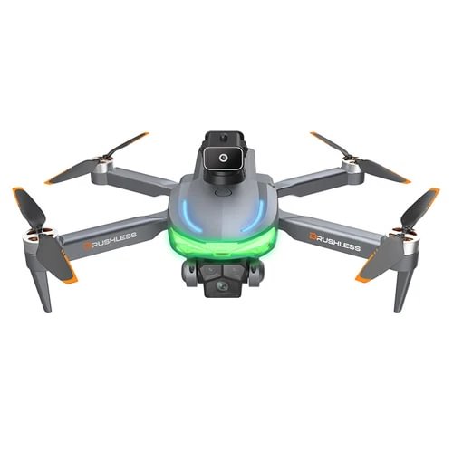 Front view of triple-camera RC drone with four propeller arms and obstacle sensors, gray
