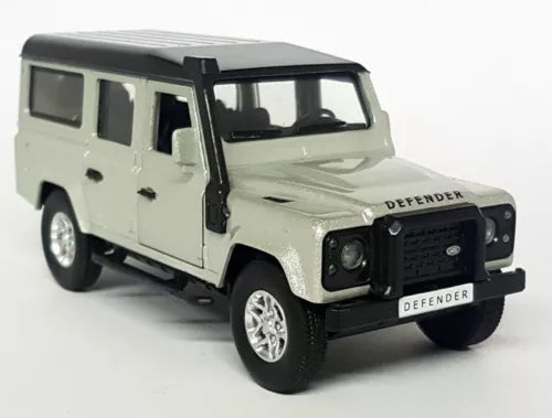 Silver diecast Land Rover Defender 110 toy truck, open doors, front three-quarter view