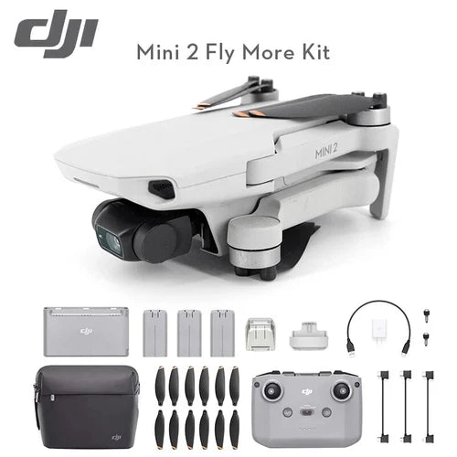DJI Mini 2 Fly More Kit drone with remote controller, extra propellers, and batteries