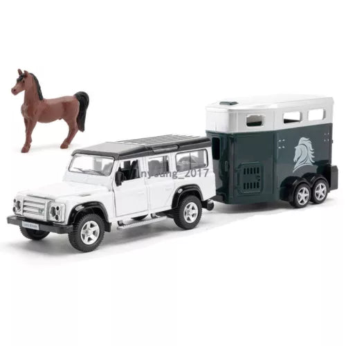 Diecast toy Land Rover Defender with horse trailer and brown horse figure, white and dark green.
