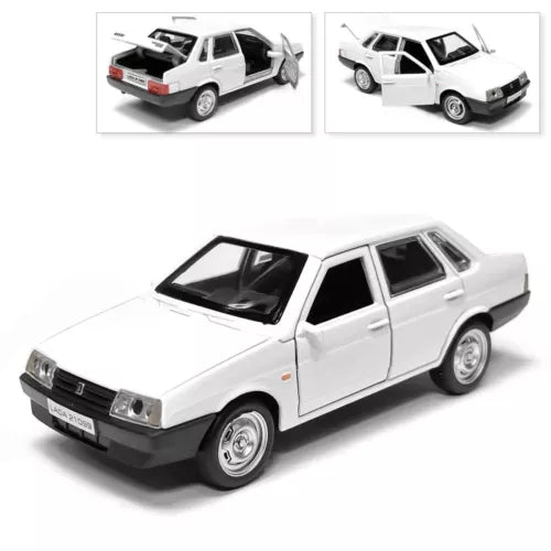 White 1/36 scale diecast sedan model car with front grille and headlights