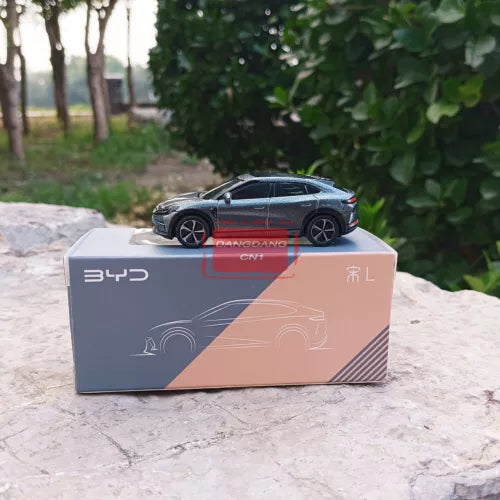 Gray diecast sedan model car on its box with BYD logo and L markings