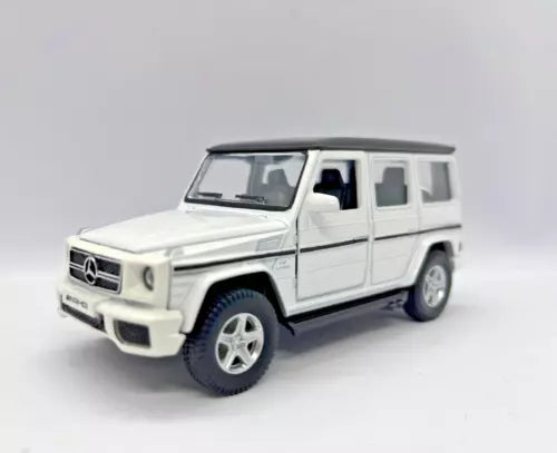 White Mercedes-Benz G63 AMG diecast model car with front grille and headlights