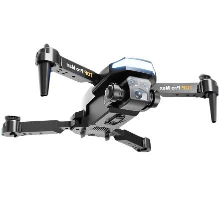 Black quadcopter drone with dual cameras and four folding propellers